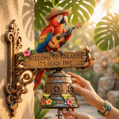 Parrot Head Paradise Wall Bell - Tropical Island Hanging Décor Chime
