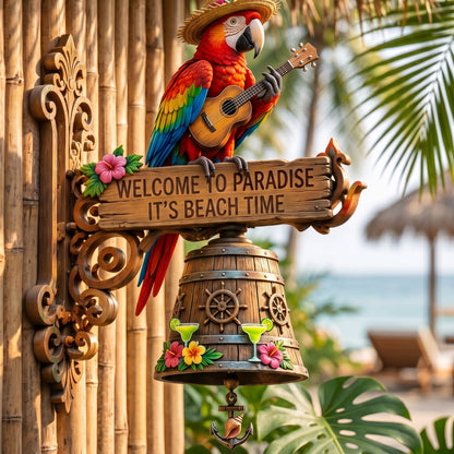 Parrot Head Paradise Wall Bell - Tropical Island Hanging Décor Chime