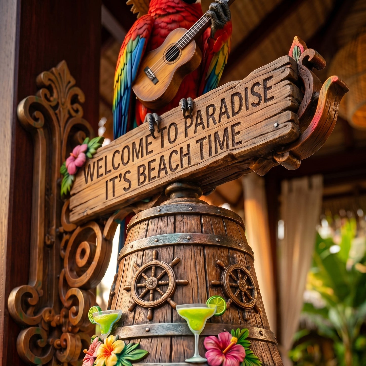 Parrot Head Paradise Wall Bell - Tropical Island Hanging Décor Chime