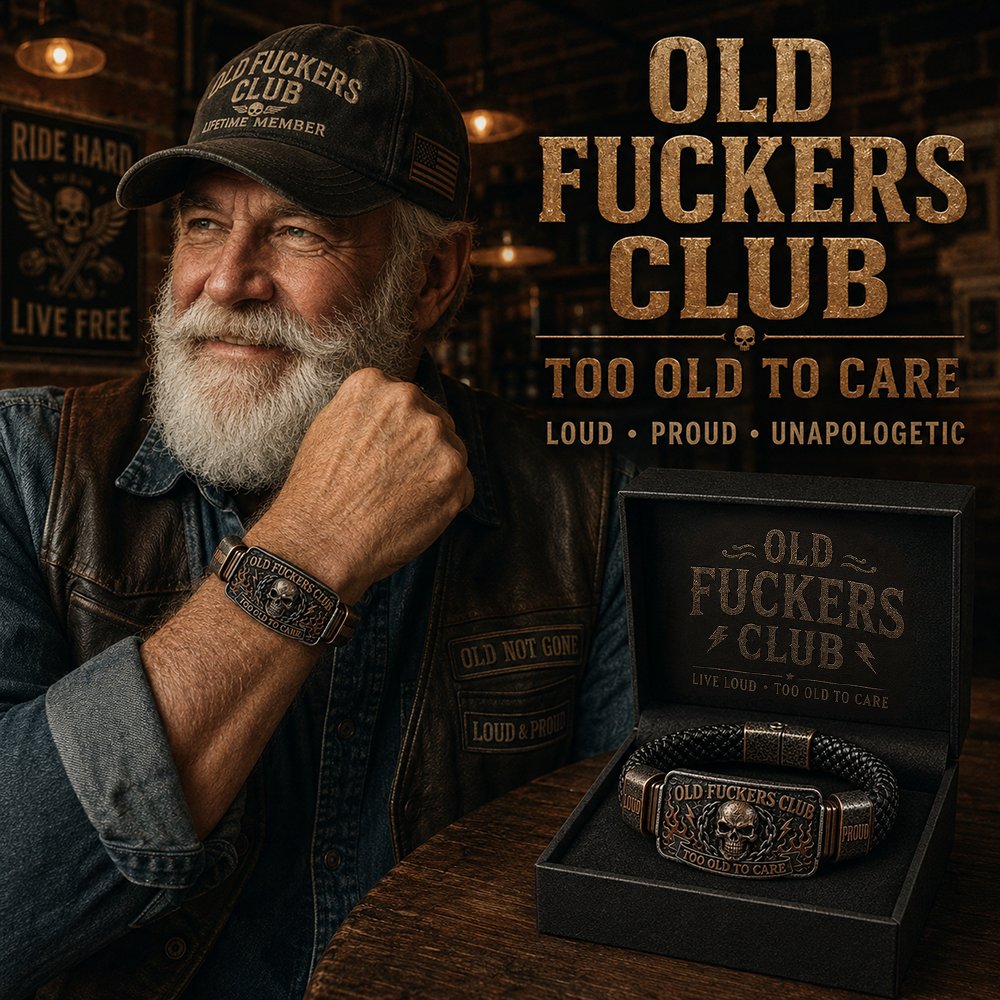 Old Fuckers Club Bracelet - Too Old To Care Skull Leather Cuff