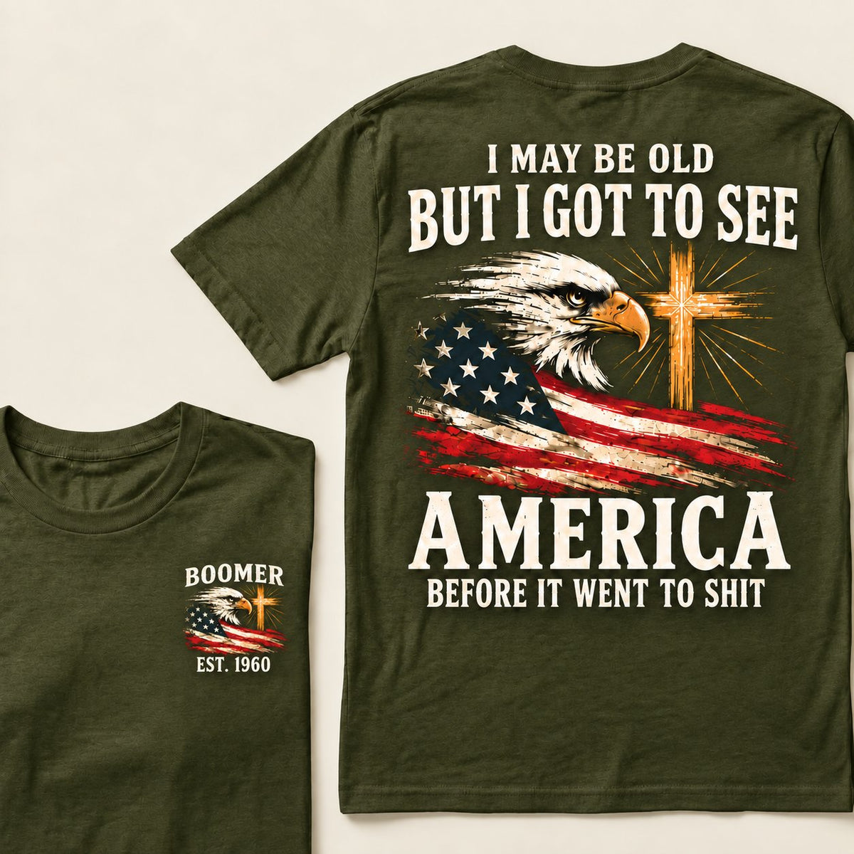 Olive Boomer graphic T-shirt with vintage eagle, USA flag and cross, front and back