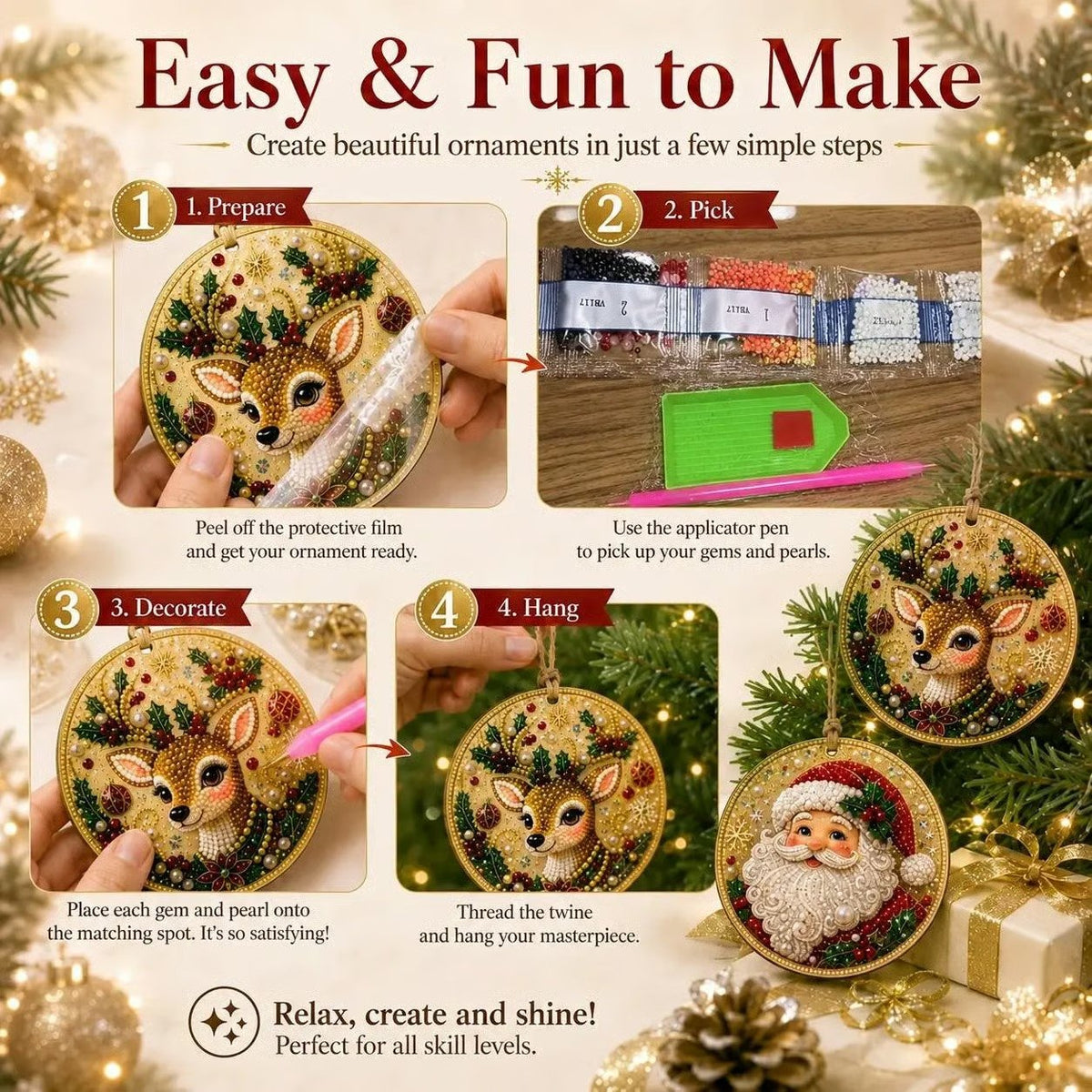 Steps for making a Christmas diamond painting ornament