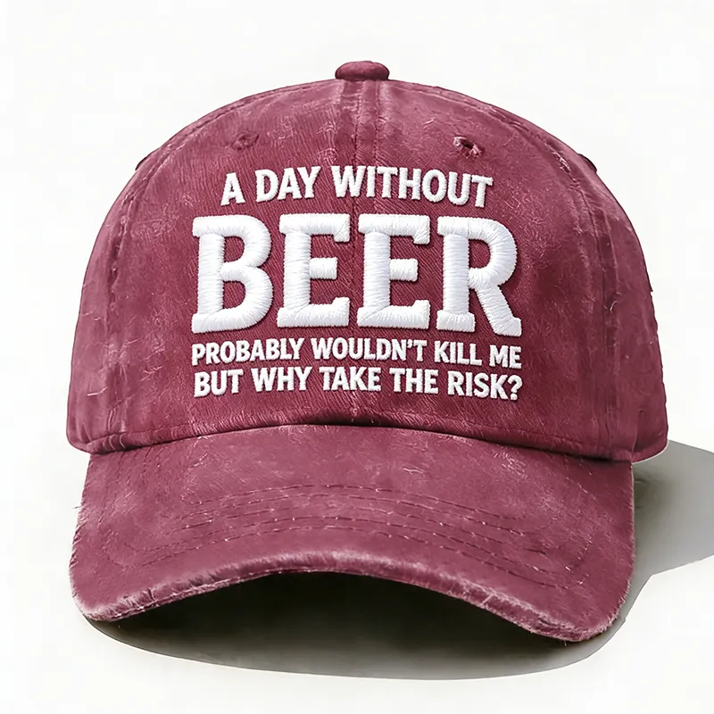 Crimson embroidered Why Take the Risk beer hat with curved brim