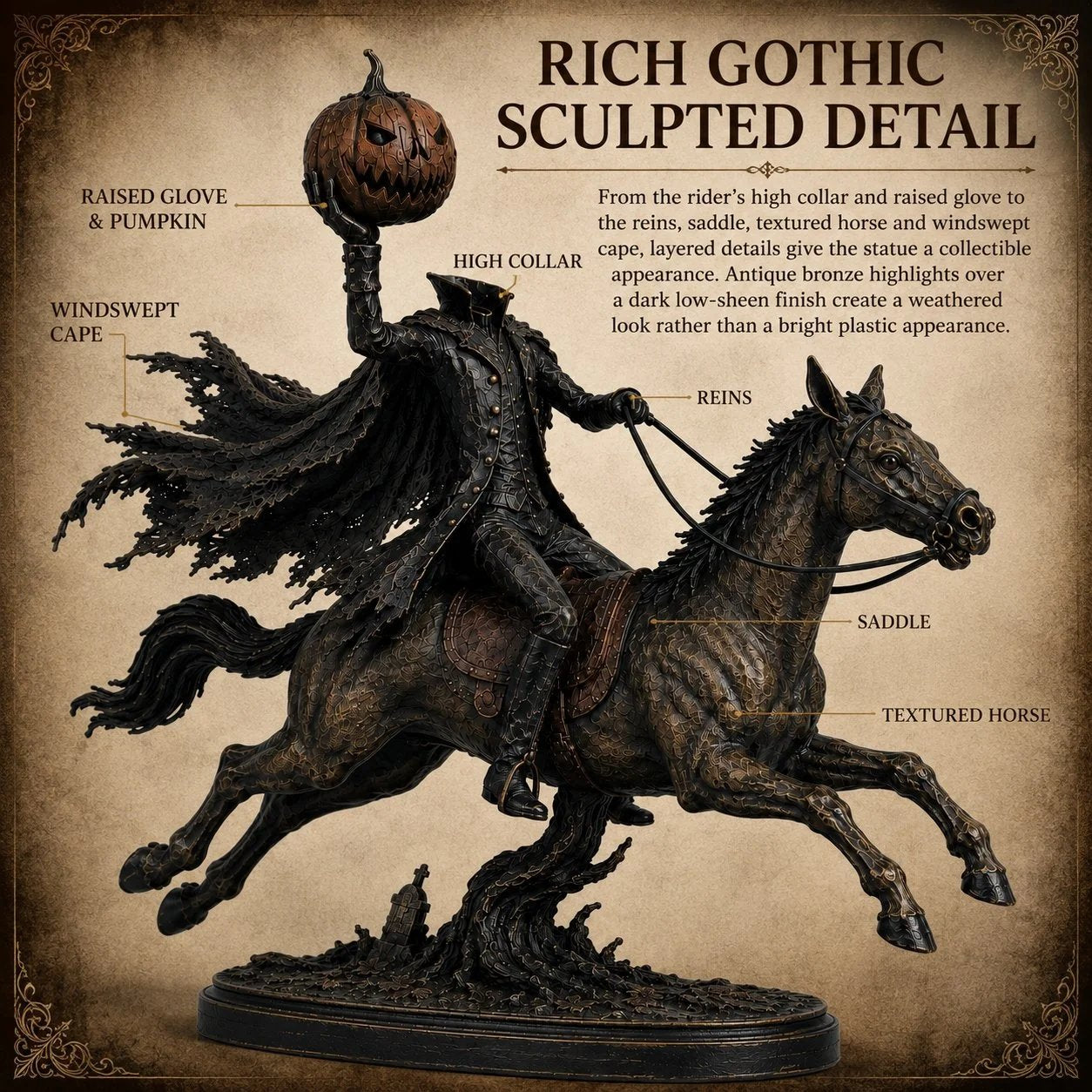 Rich gothic sculpted detail callouts on Headless Horseman statue