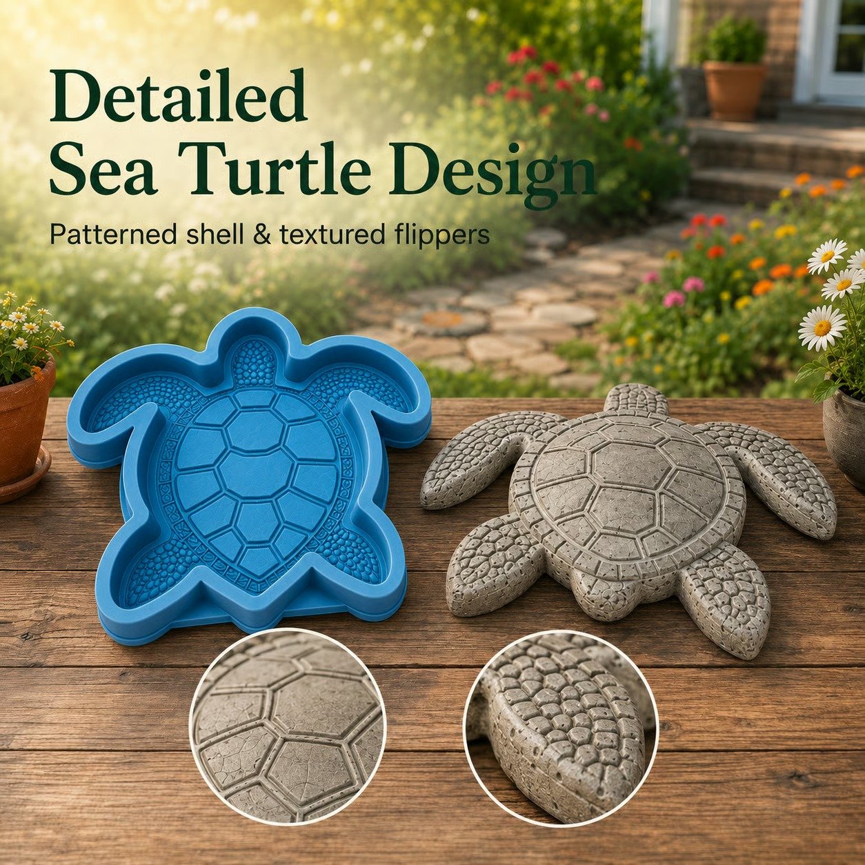 Sea turtle stepping stone mold detail with fin texture close-up