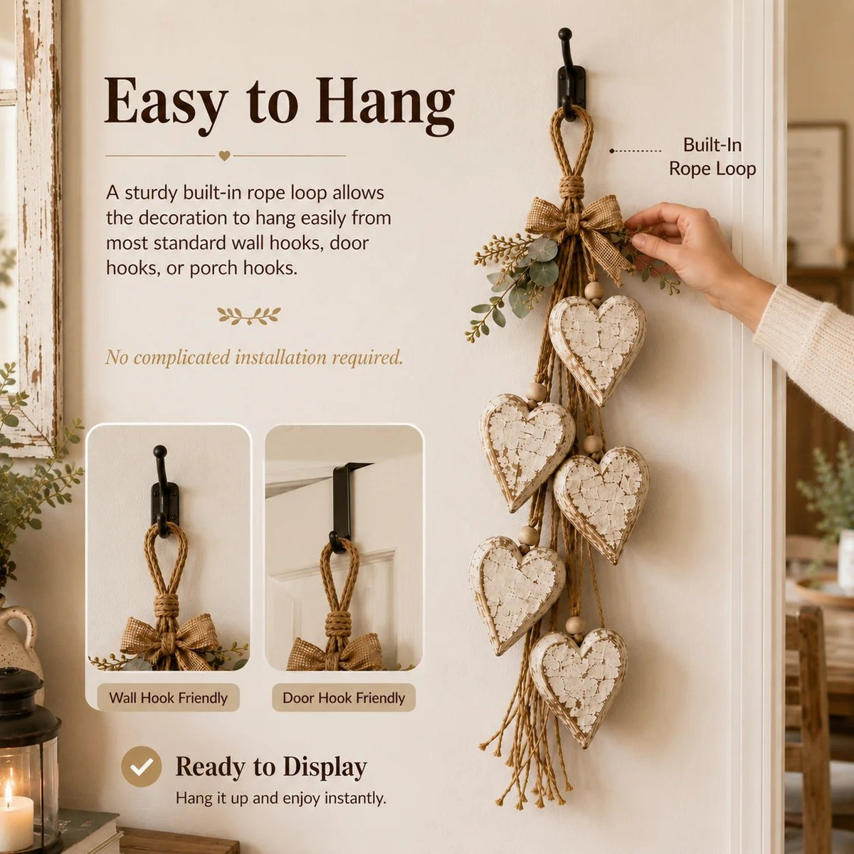 Easy to hang instructions showing built-in rope loop and hanging options