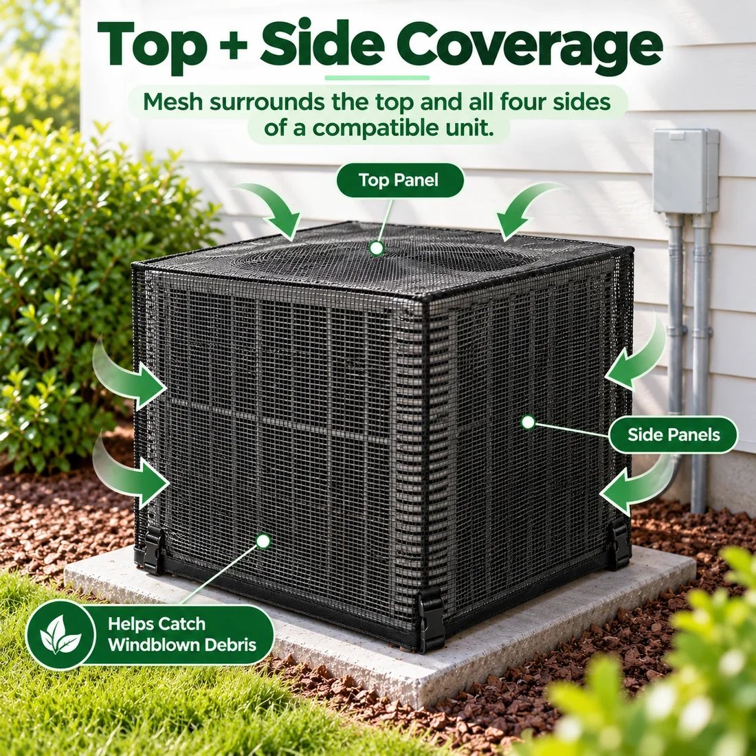 Outdoor AC mesh cover showing top and four-side coverage