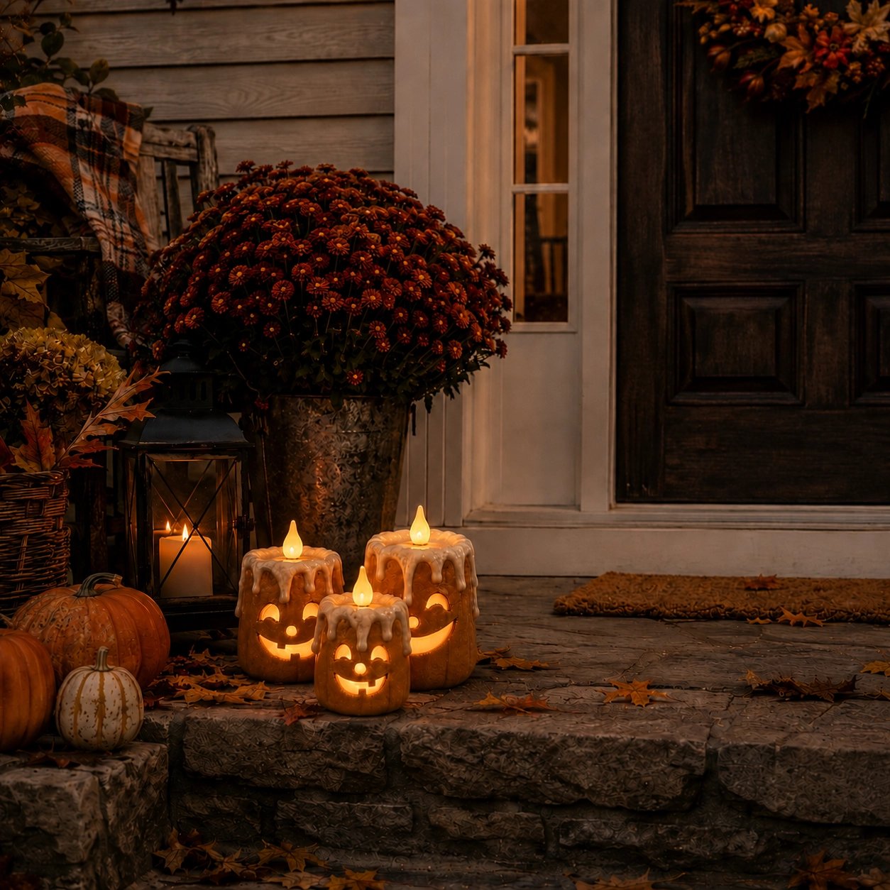 Product size chart for 3-piece lighted pumpkin candle set
