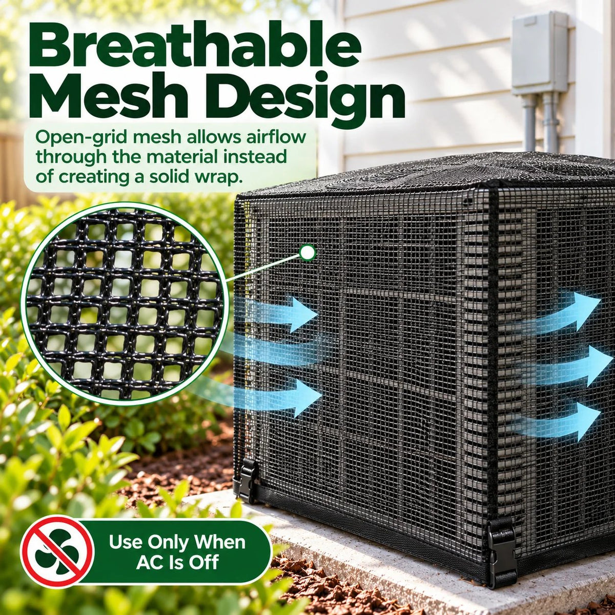 Outdoor AC mesh cover open-grid material and off-only use reminder