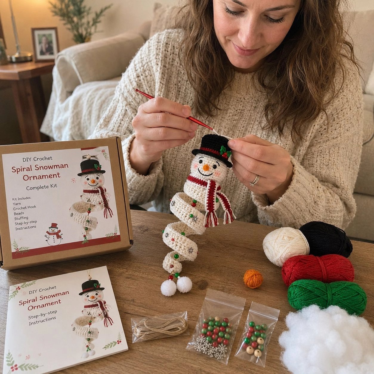 Real crafter following the illustrated crochet guide at home