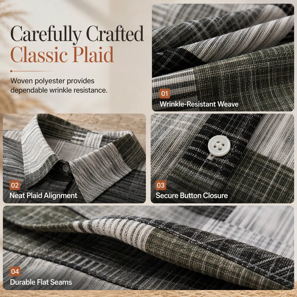 Plaid shirt collar, buttons, woven texture and seam details