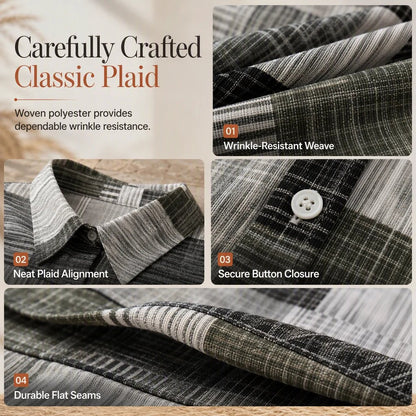 Plaid shirt collar, buttons, woven texture and seam details