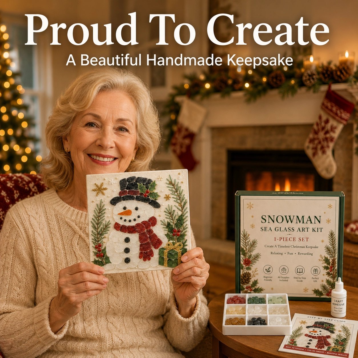 Happy grandmother proudly displaying her finished Christmas snowman sea glass art