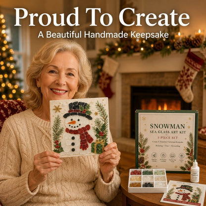 Happy grandmother proudly displaying her finished Christmas snowman sea glass art