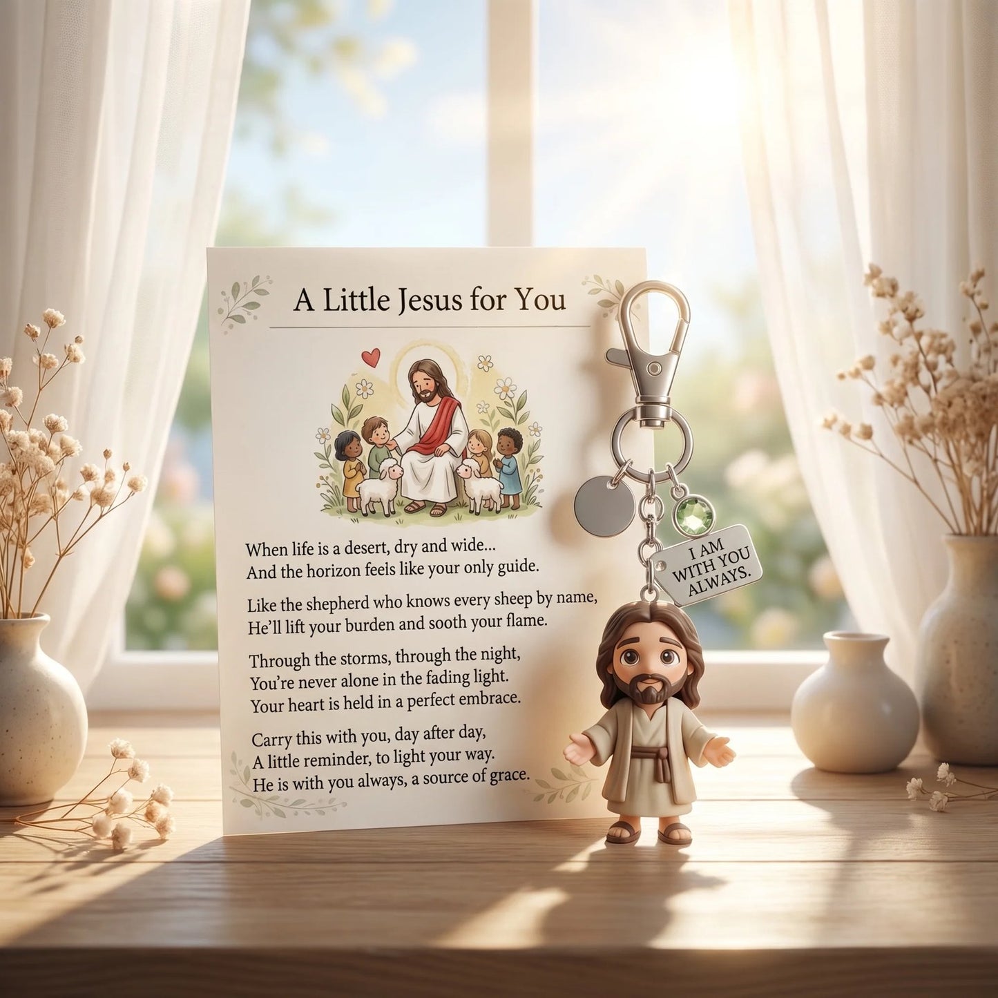 Little Jesus keychain and poem card in a bright, sunlit room setting