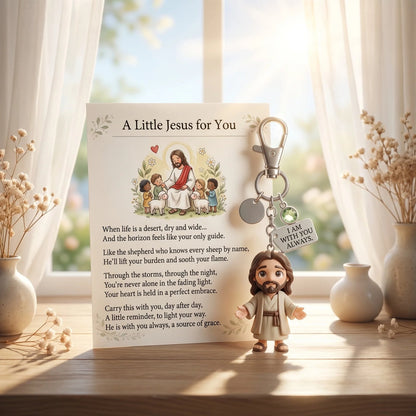 Little Jesus keychain and poem card in a bright, sunlit room setting