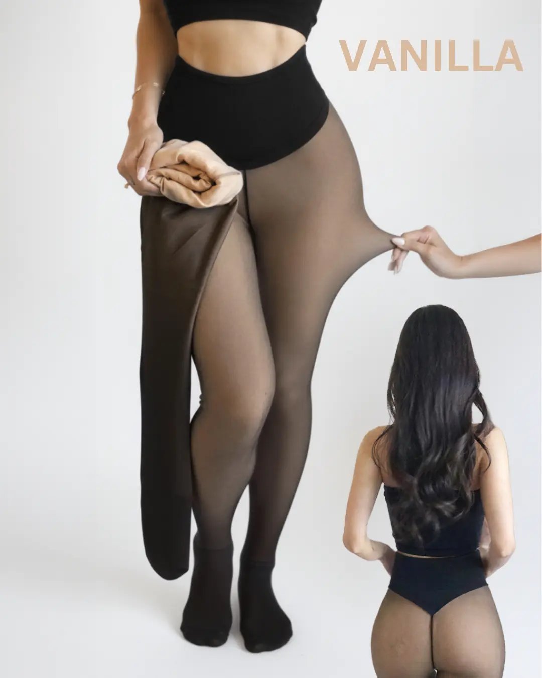 Vanilla thermal leggings showing stretch fabric and rear fit