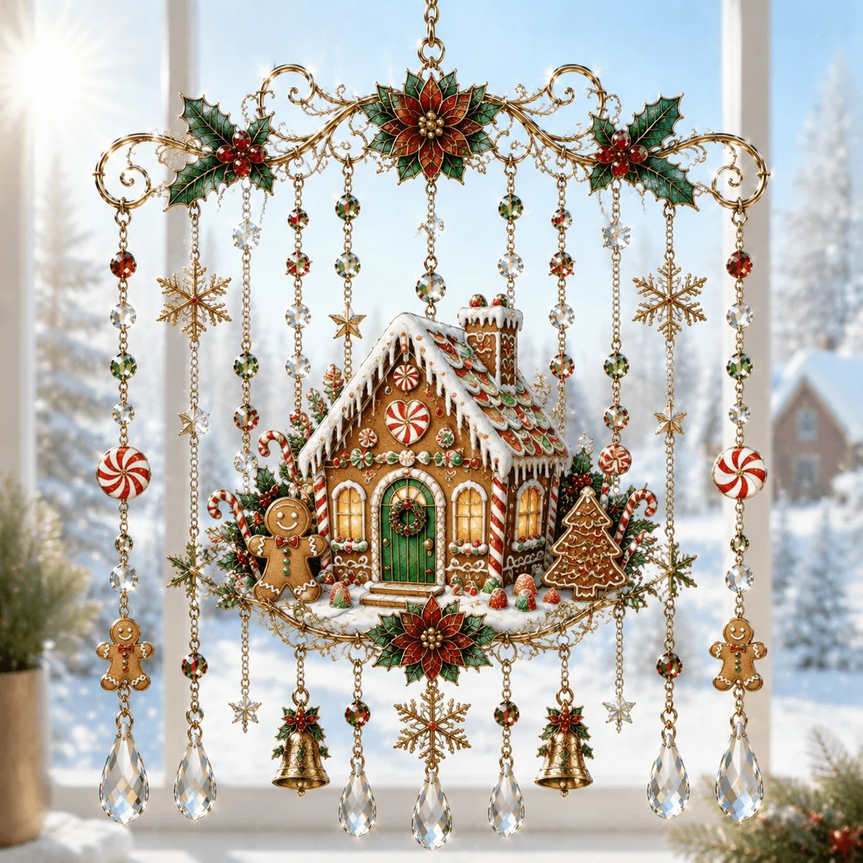 Gingerbread House stained glass Christmas window hanging