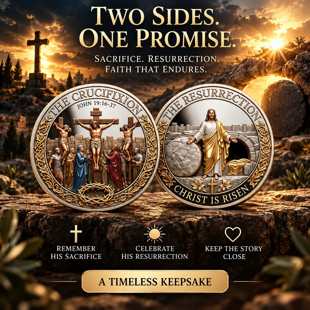 Crucifixion and Resurrection commemorative coin showing both sacred scenes