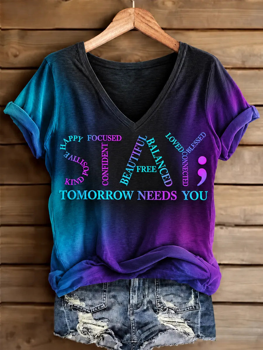 Women's Suicide Prevention Awareness Semicolon Art Tee - Tomorrow Needs You watercolor print in teal and purple