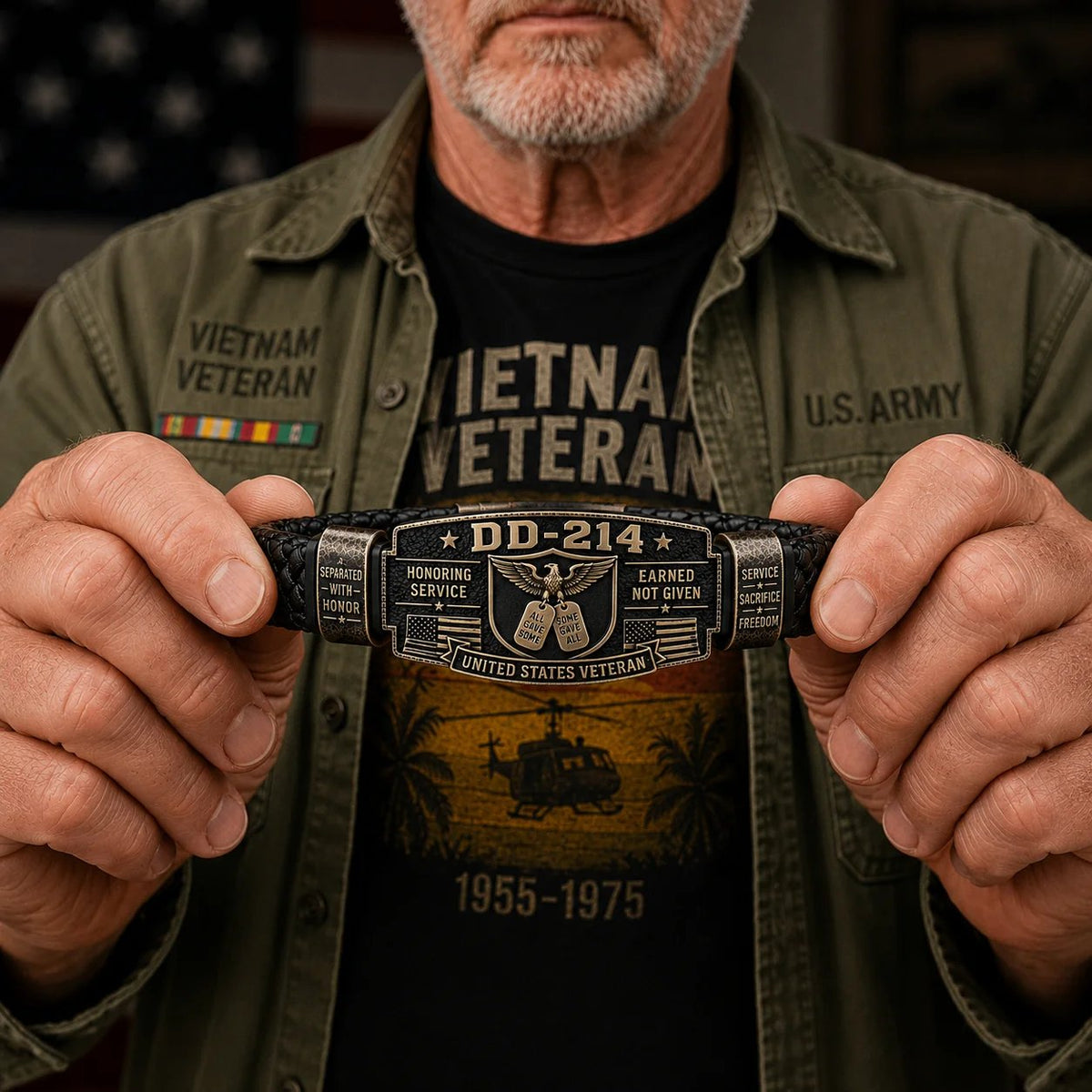 Vietnam veteran wearing DD-214 Honor Bracelet with military service shirt