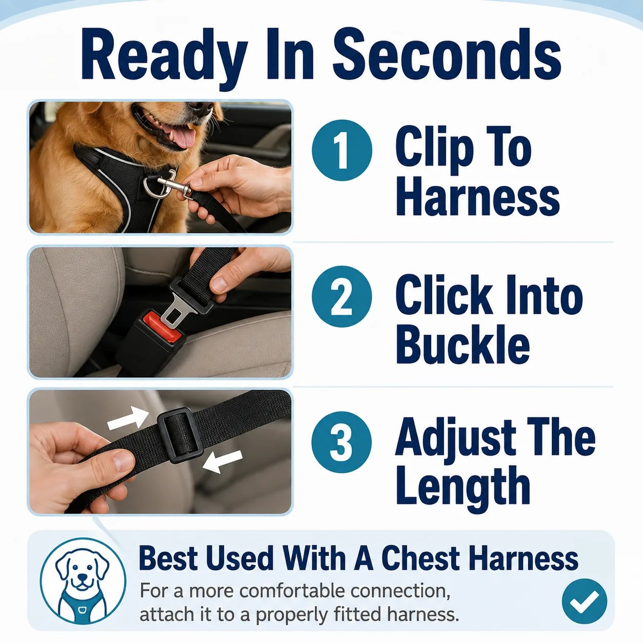 Three step install guide: clip to harness, click into buckle, adjust the length