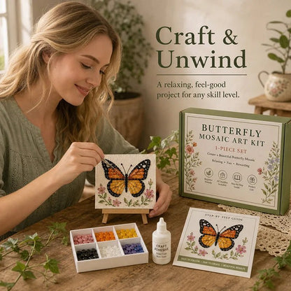 Woman crafting Butterfly sea glass mosaic craft and unwind scene