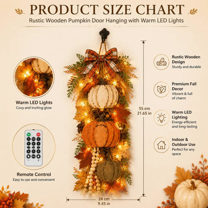 Rustic Wooden Pumpkin Door Hanging with Warm LED L size chart