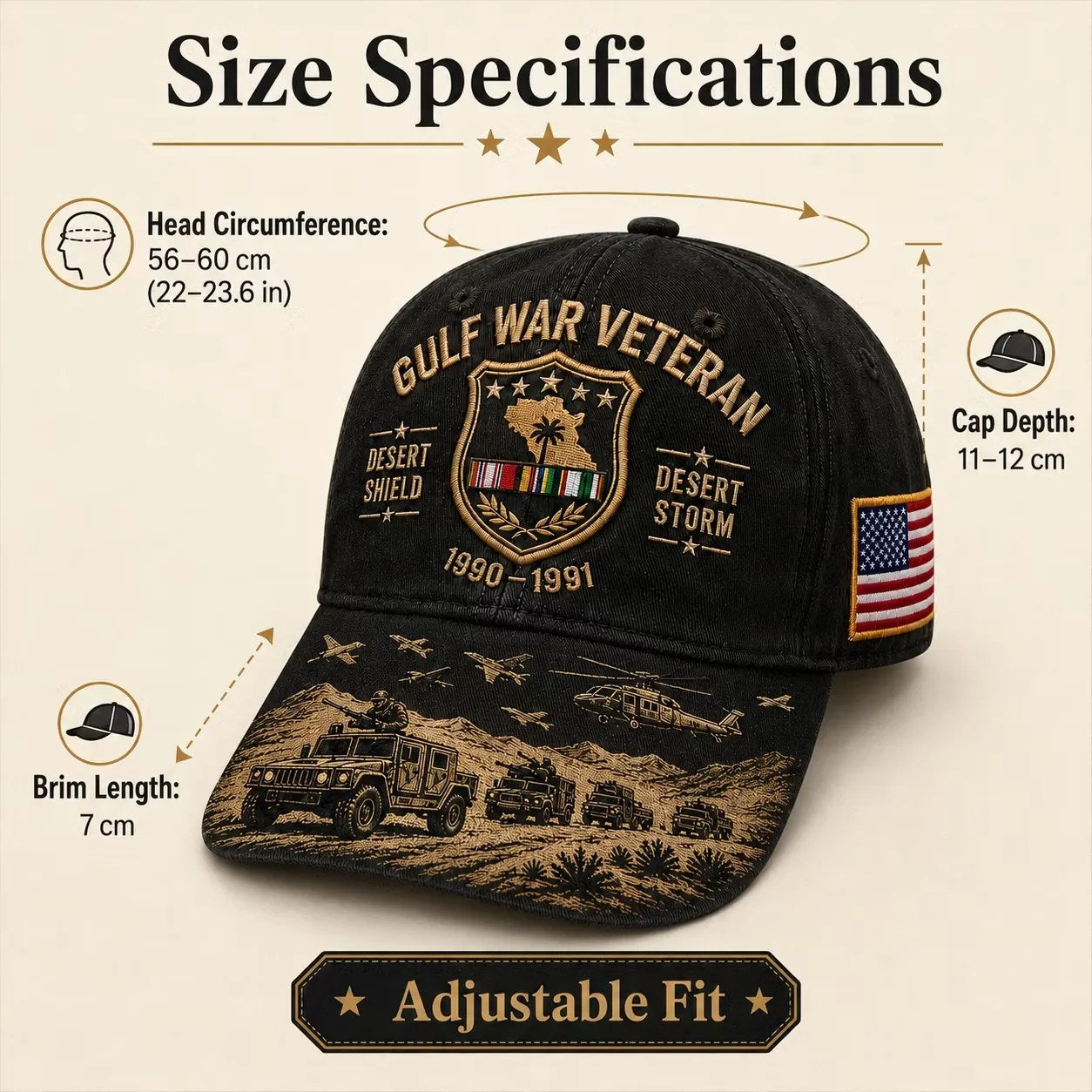 Gulf War Veteran Cap – Desert Shield & Desert Stor size chart