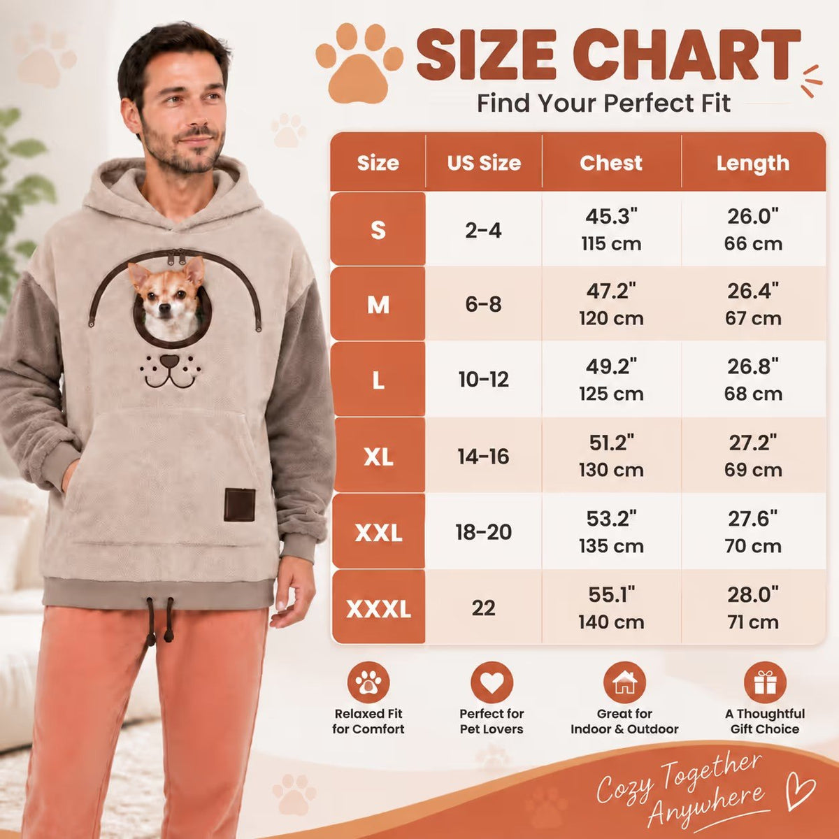 Cozy Pet Carrier Hoodie for Cats & Small Dogs size chart