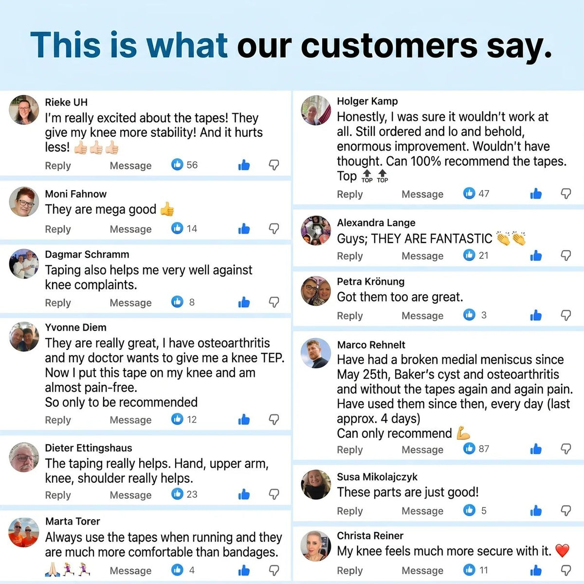 Social proof — customer reviews of pre-cut knee tape