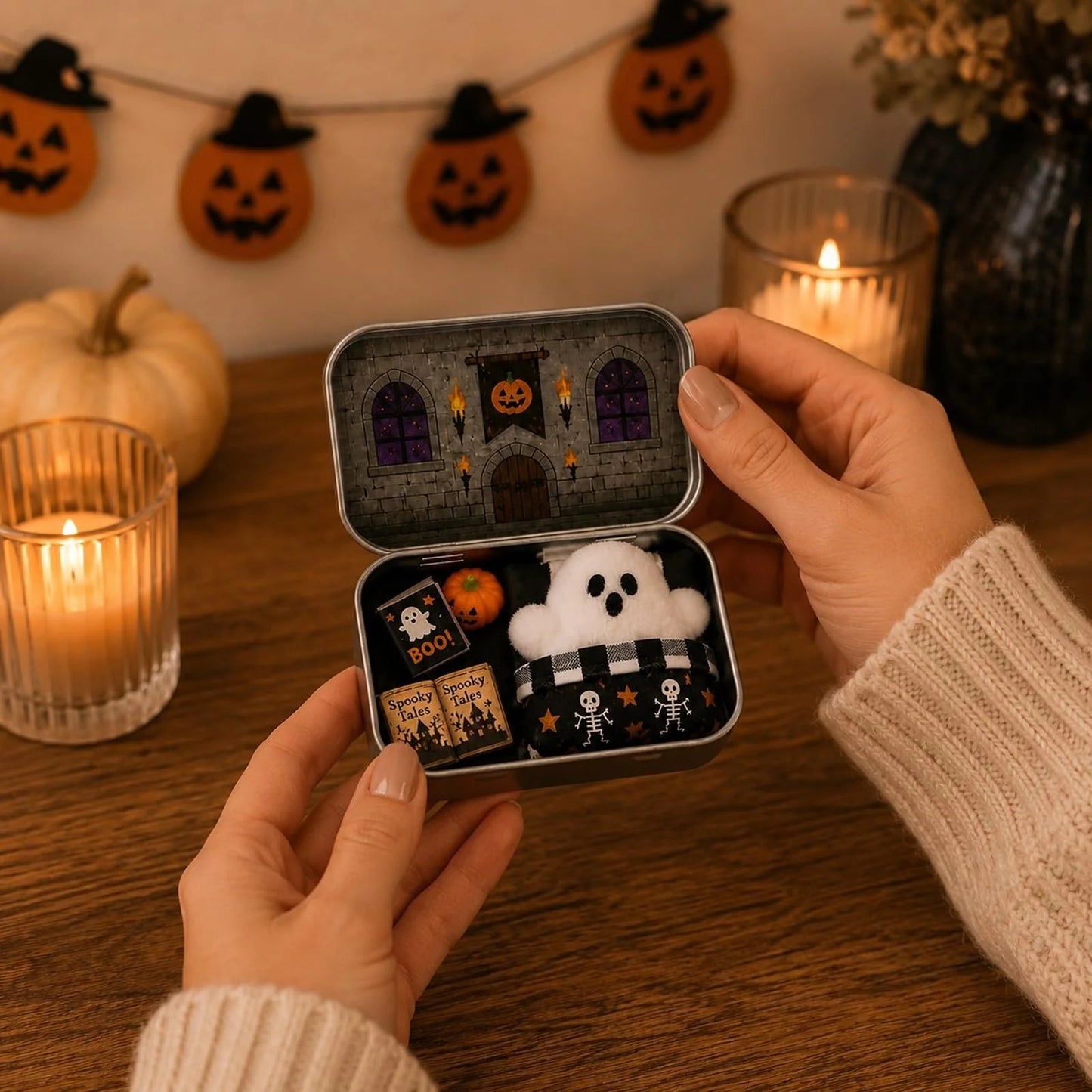 Hands opening Skull Castle Halloween tin box revealing mini ghost and props