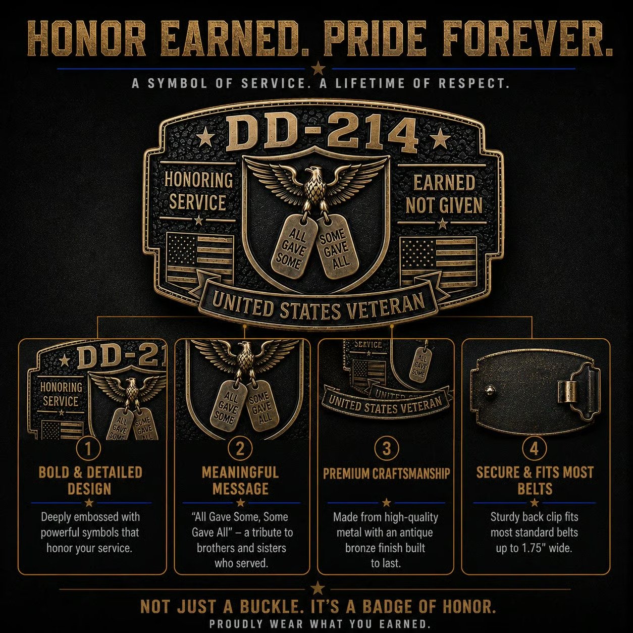 DD-214 Veteran Belt Buckle - Honor Earned Pride Forever features