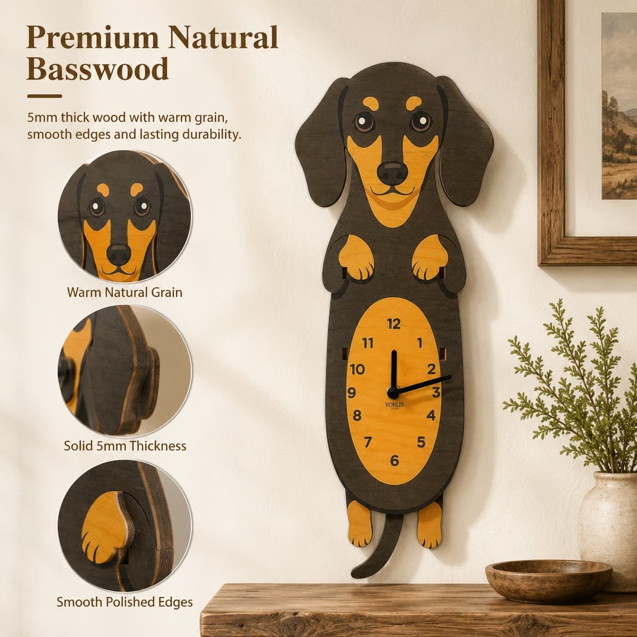 Premium natural basswood dachshund wall clock material closeups