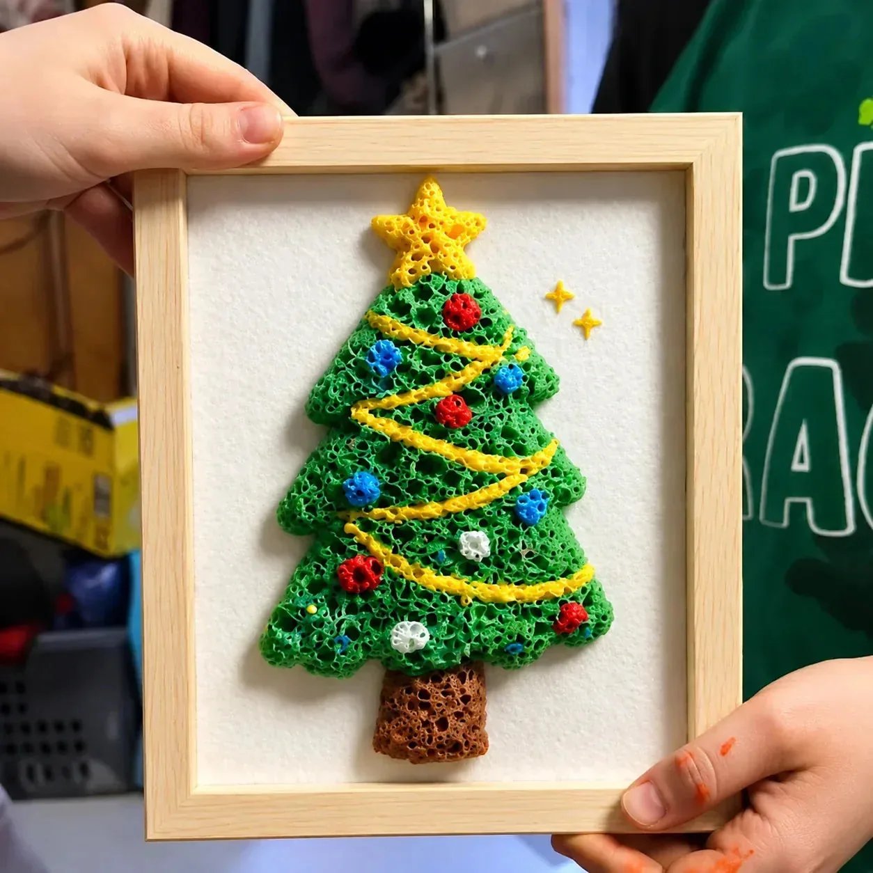 Handmade Christmas tree puffy popcorn art in wooden picture frame