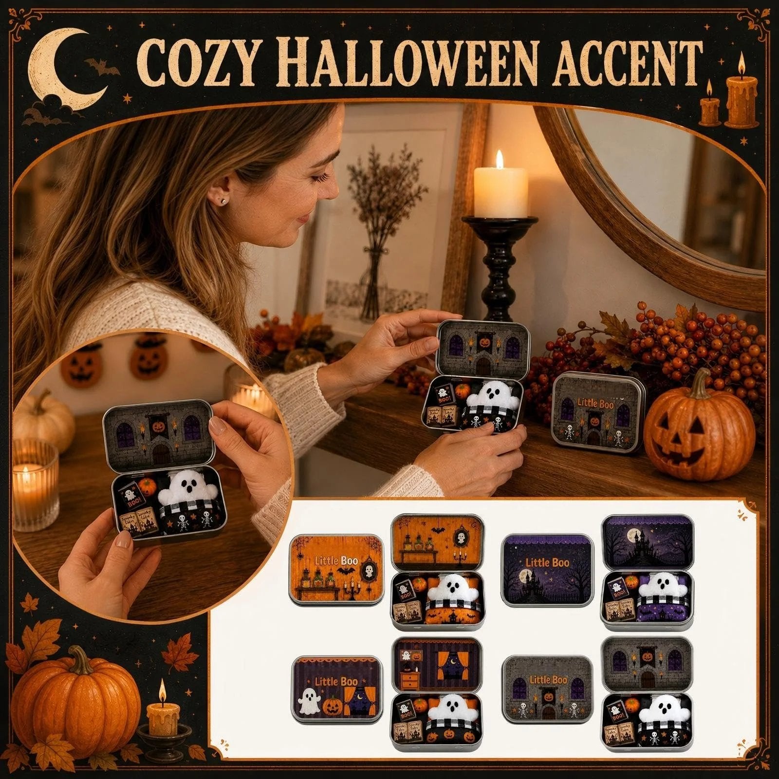 Cozy Halloween accent poster showing all 4 mini ghost tin box styles