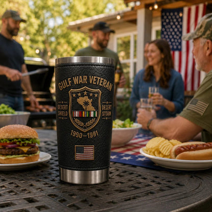 Gulf War Veteran tribute tumbler at an outdoor family gathering