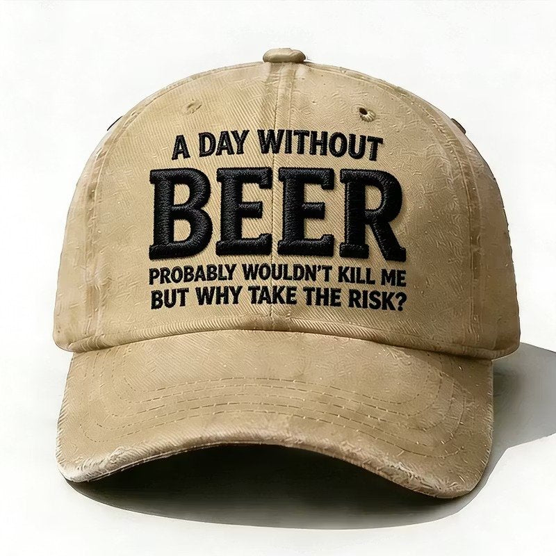 Khaki embroidered Why Take the Risk beer hat with curved brim