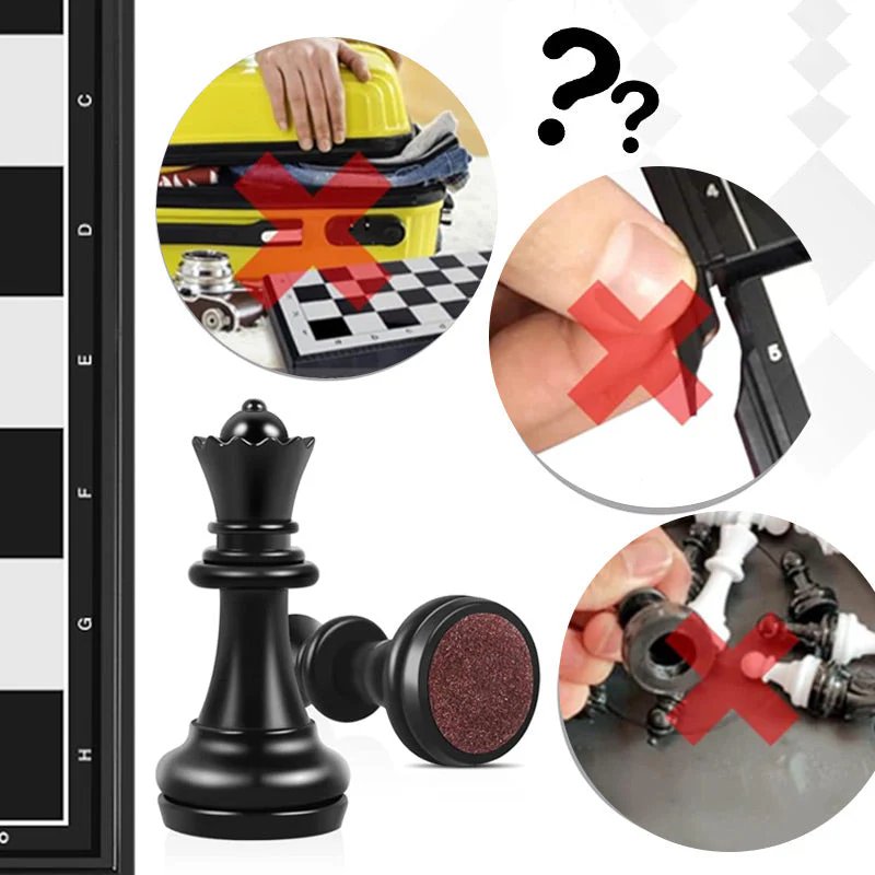 Magnetic chess piece stability comparison — pieces stay put when board tilts