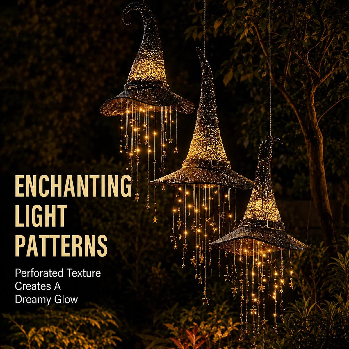Enchanting perforated light patterns from lighted witch hat create dreamy glow