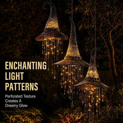 Enchanting perforated light patterns from lighted witch hat create dreamy glow