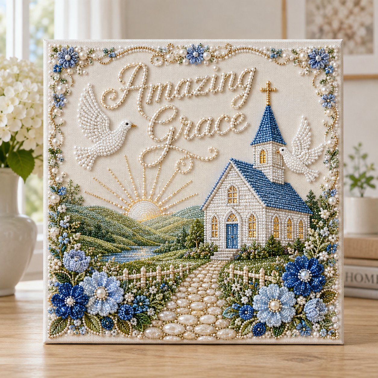 Amazing Grace hymn pearl art DIY kit with white church and blue flowers