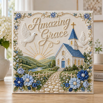 Amazing Grace hymn pearl art DIY kit with white church and blue flowers