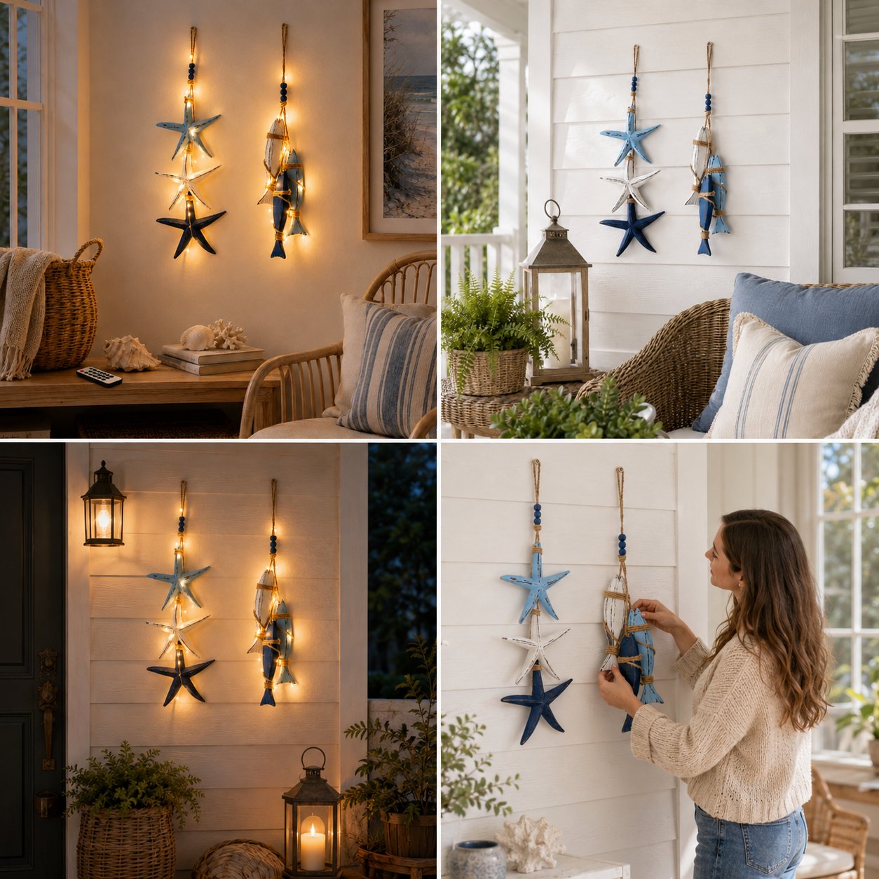 Coastal wooden starfish fish hanging decor being hung on wall