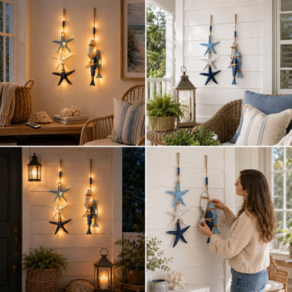 Coastal wooden starfish fish hanging decor being hung on wall