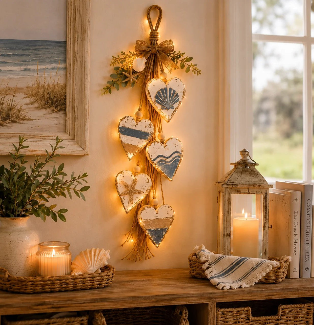 Coastal Blue hanging hearts with warm lights in indoor coastal-style room