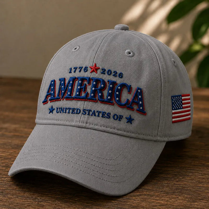 Grey America 1776-2026 patriotic 250th anniversary baseball cap with USA flag side patch