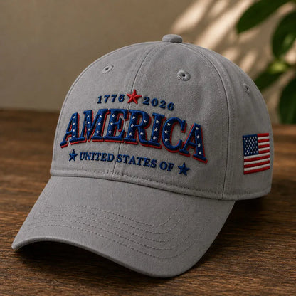Grey America 1776-2026 patriotic 250th anniversary baseball cap with USA flag side patch