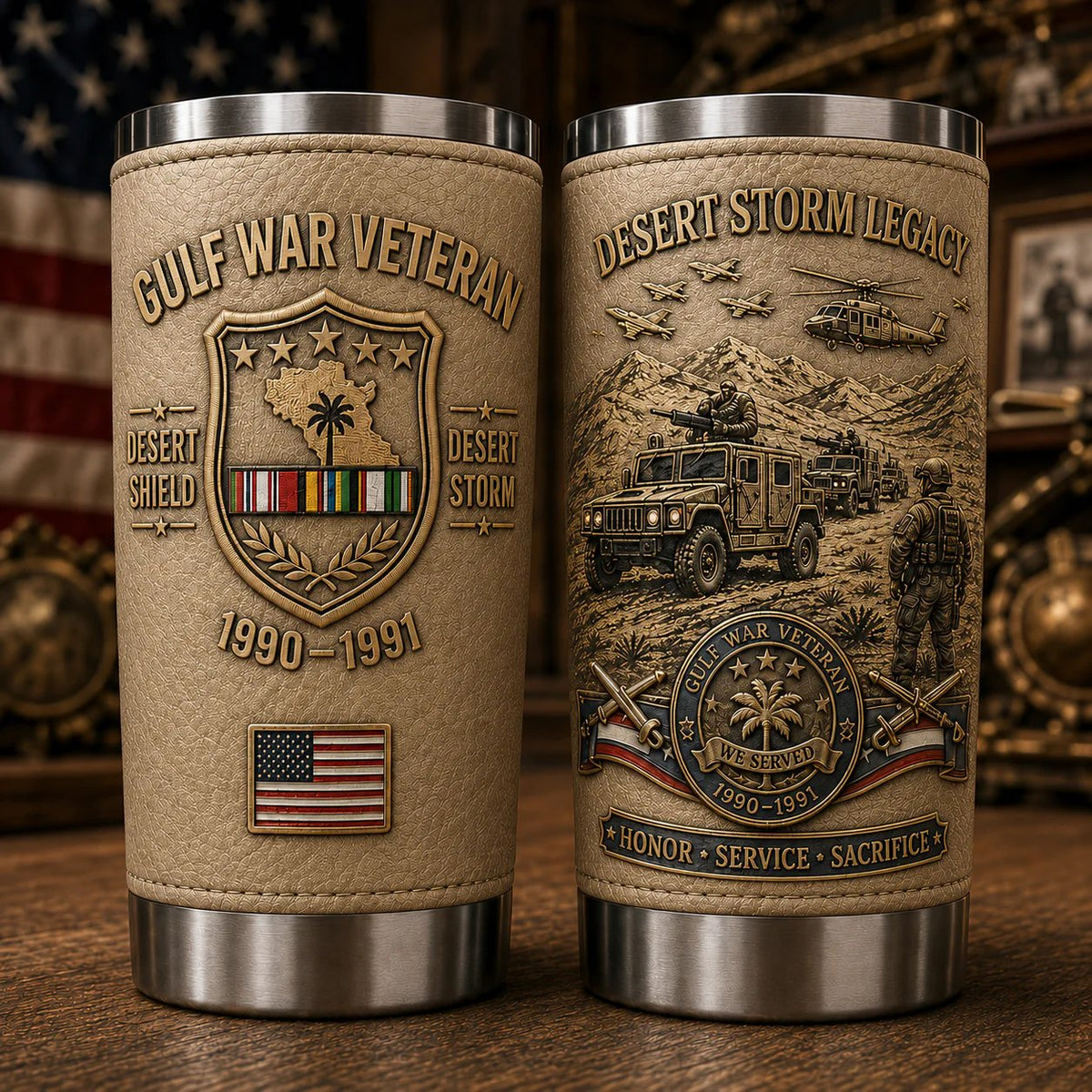 Desert khaki Gulf War Veteran tribute tumbler, front and back