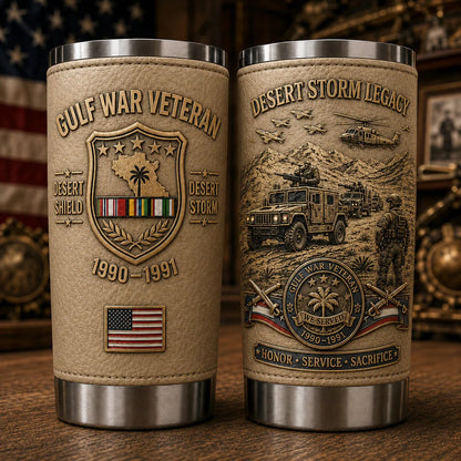 Desert khaki Gulf War Veteran tribute tumbler, front and back